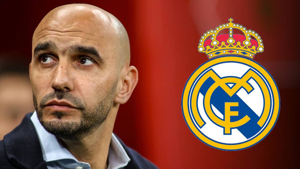 Portrait de Walid Regragui avec l'emblème du Real Madrid