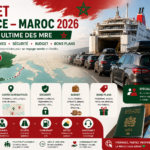 Infographie rouge et verte du trajet France Maroc 2026 pour les MRE avec ferry, voitures, cartes interactives, conseils sécurité, budget voyage, douane et bons plans famille.