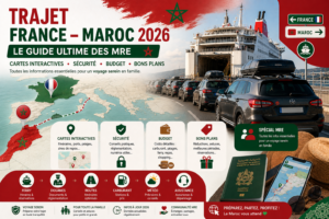 Infographie rouge et verte du trajet France Maroc 2026 pour les MRE avec ferry, voitures, cartes interactives, conseils sécurité, budget voyage, douane et bons plans famille.