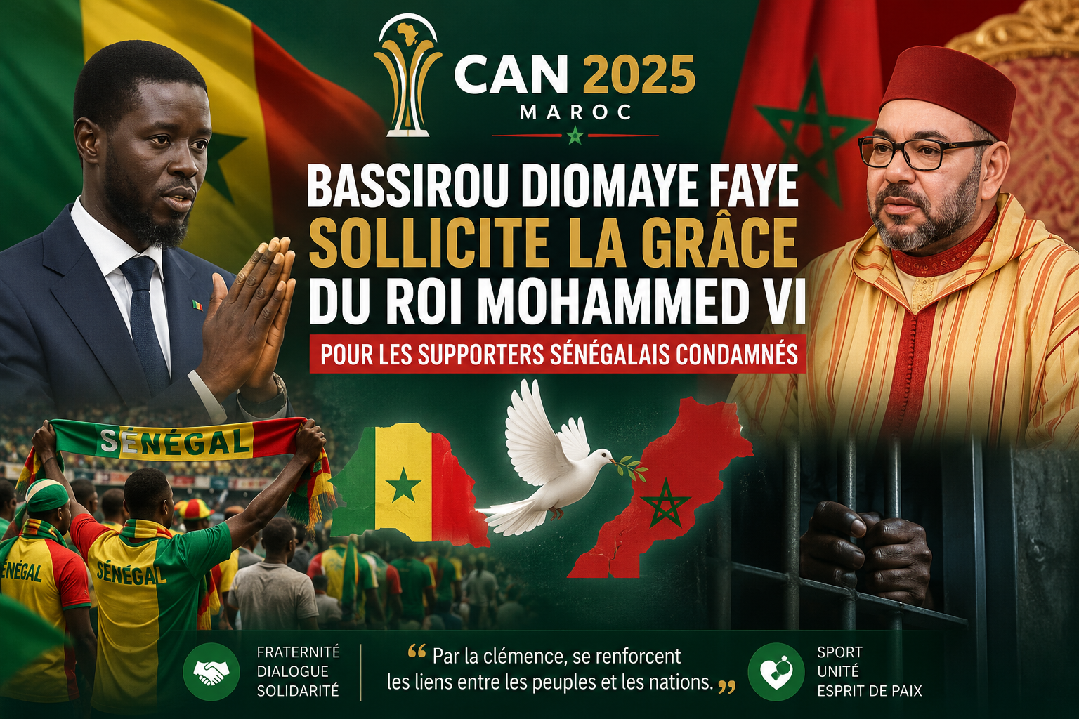 Illustration CAN 2025 montrant Bassirou Diomaye Faye demandant la grâce du Roi Mohammed VI pour des supporters sénégalais condamnés après la finale Maroc Sénégal