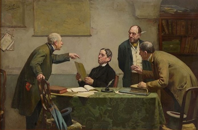 Tableau de Franz Meerts représentant une réunion chez le notaire
